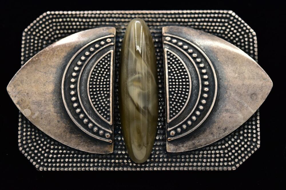 Vintage Art Deco Revival Silver Geometric Cabochon Statement Brooch Chunky BinBG